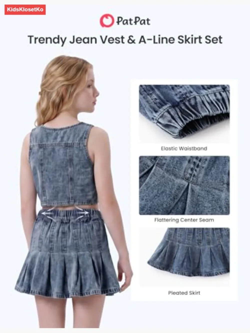 Girls Preppy Denim Vest & Pleated Skirt Set 2-Piece Outfit Soft Breathable